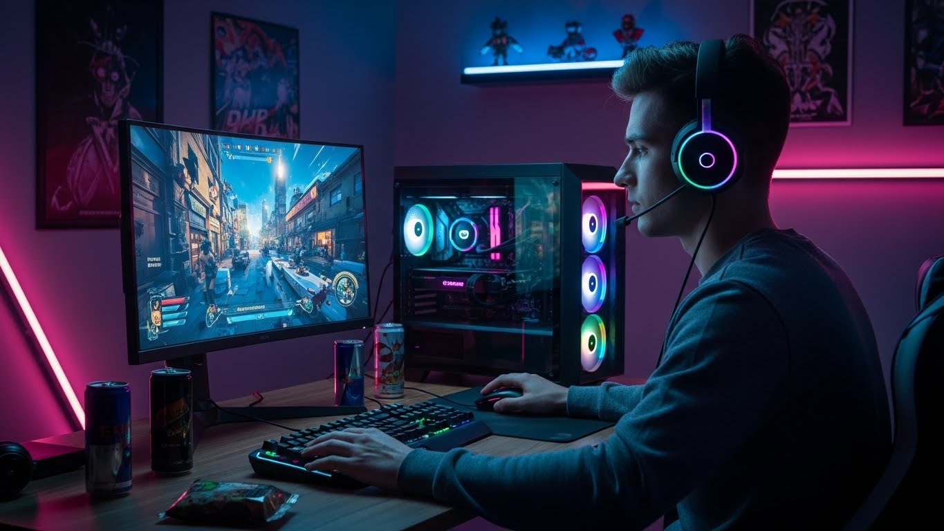 Gaming hardware setup with GPU and monitor